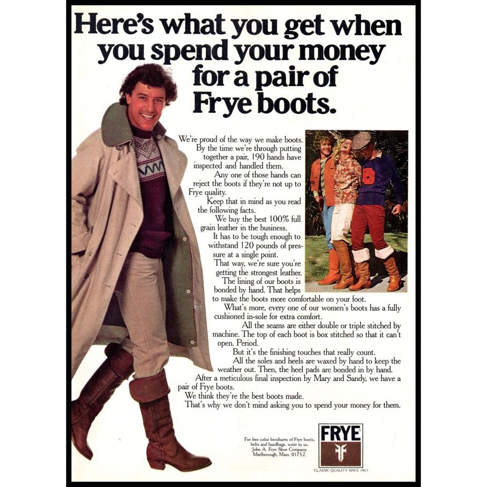 1978 Frye Boots Vintage Print Ad Trench Coat 70s Fashion Riding Boot Wall Art